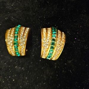 Vintage Chr. Dior Gold-tone Green and Crystal Rhinestone Clip-on Earrings